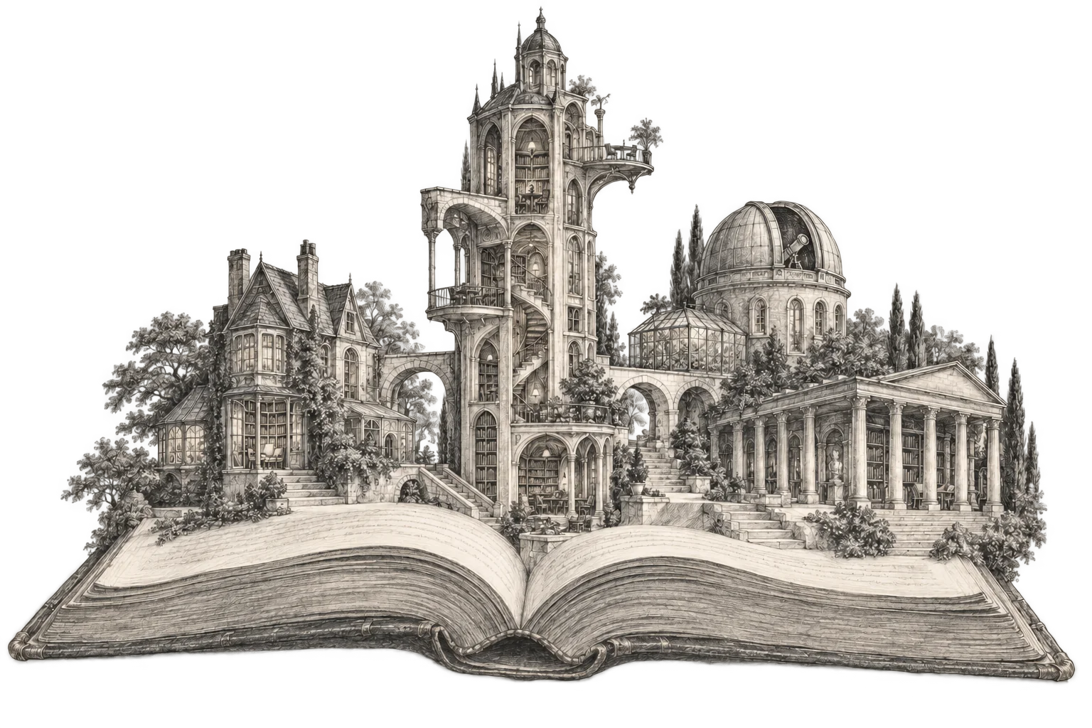An open book becomes an intricate pencil-drawn world: a private reading tower, a mysterious house, an observatory, and a colonnaded archive.